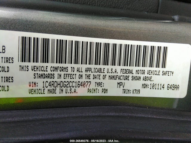 2012 DODGE DURANGO CREW VIN: 1C4RDHDG2CC164077