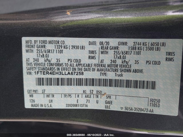 2020 FORD RANGER XL/XLT/LARIAT VIN: 1FTER4EH3LLA67258