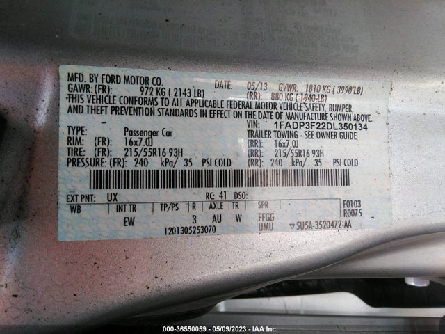 2013 FORD FOCUS SE VIN: 1FADP3F22DL350134