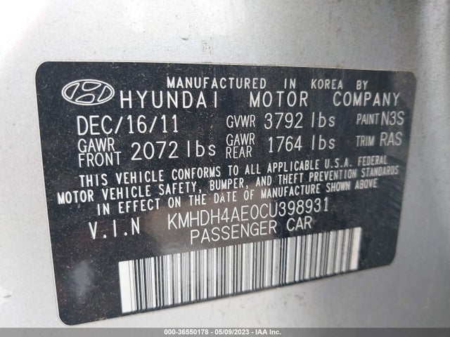 2012 HYUNDAI ELANTRA GLS/LIMITED VIN: KMHDH4AE0CU398931