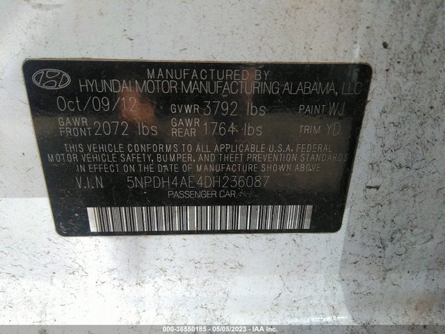2013 HYUNDAI ELANTRA GLS PZEV VIN: 5NPDH4AE4DH236087