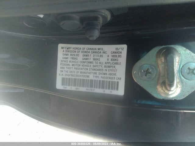 2012 HONDA CIVIC SDN SI VIN: 2HGFB6E50CH703286
