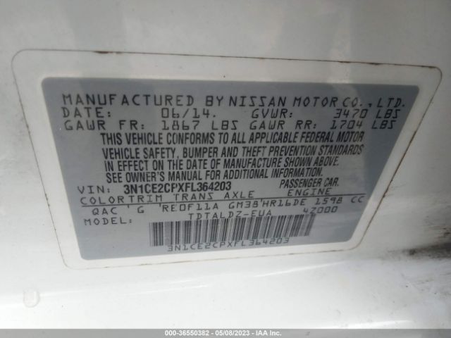 3N1CE2CPXFL364203 Nissan Versa Note S/s Plus/sv/sr/sl