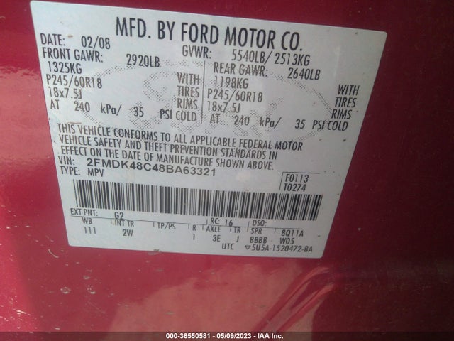 2008 FORD EDGE SEL VIN: 2FMDK48C48BA63321