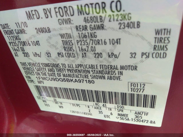 2011 FORD ESCAPE XLT VIN: 1FMCU9DG5BKA97180