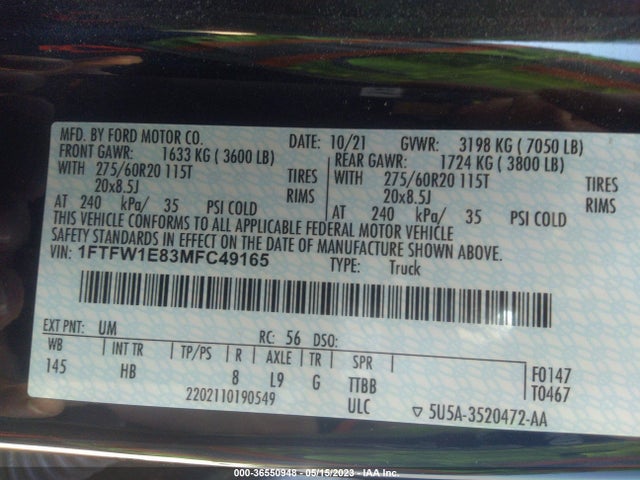 Ford F-150 Lariat 2021 1FTFW1E83MFC49165 Image 9