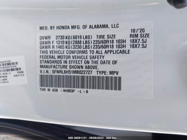 2021 HONDA ODYSSEY EX VIN: 5FNRL6H51MB022727