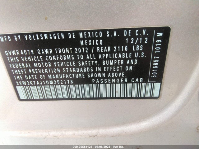 2013 VOLKSWAGEN JETTA SEDAN S VIN: 3VW2K7AJ1DM252178