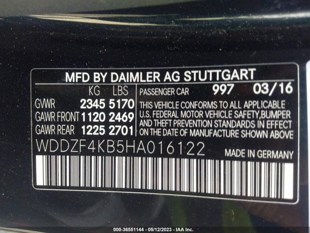 2017 MERCEDES-BENZ E-CLASS E 300 VIN: WDDZF4KB5HA016122