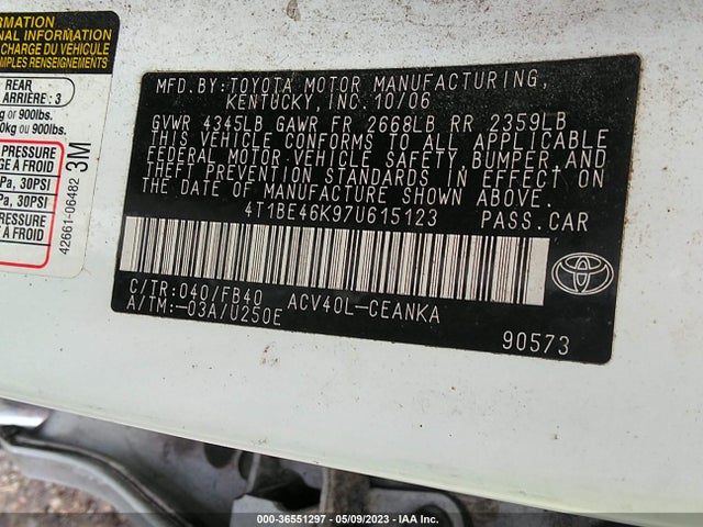 2007 TOYOTA CAMRY CE/LE/SE/XLE VIN: 4T1BE46K97U615123