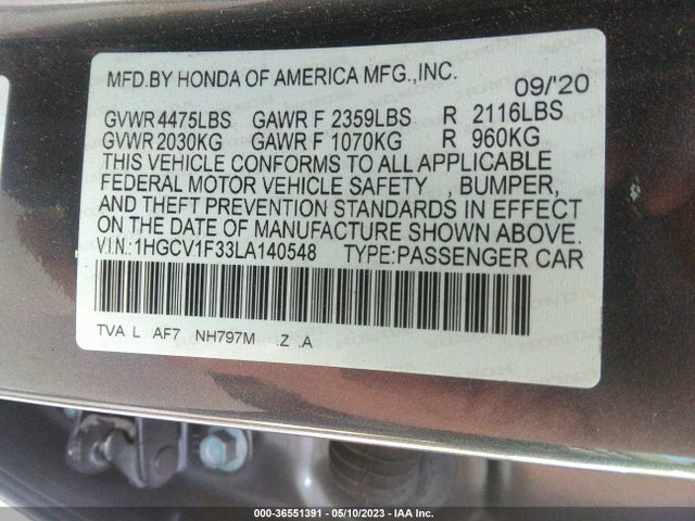 2020 HONDA ACCORD SEDAN SPORT VIN: 1HGCV1F33LA140548
