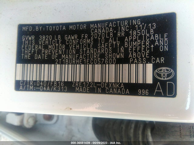 2014 TOYOTA COROLLA L/LE/S/S PLUS/LE PLUS VIN: 2T1BURHE1EC057600
