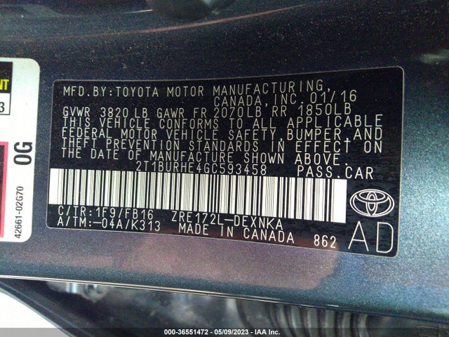 2016 TOYOTA COROLLA L/LE/S/S PLUS/LE PLUS VIN: 2T1BURHE4GC593458