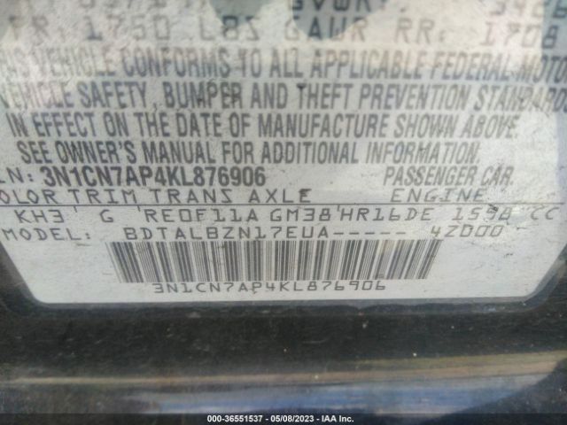 3N1CN7AP4KL876906 Nissan Versa Sedan Sv