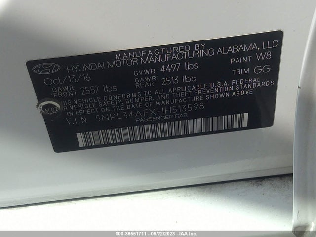 2017 HYUNDAI SONATA SPORT VIN: 5NPE34AFXHH513598