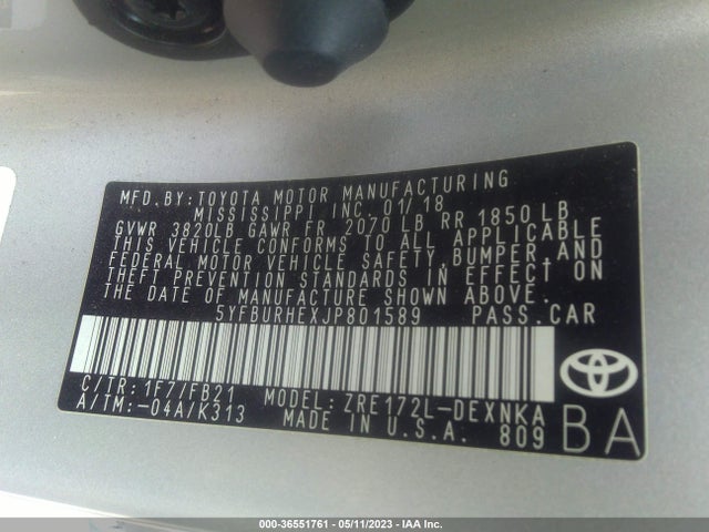 Toyota COROLLA LE 2018 5YFBURHEXJP801589 Image 9