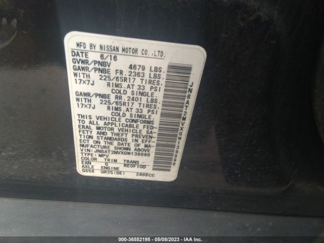 JN8AT2MVXGW139898 Nissan ROGUE S