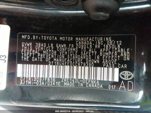 2012 TOYOTA COROLLA L/LE/S VIN: 2T1BU4EE0CC879390