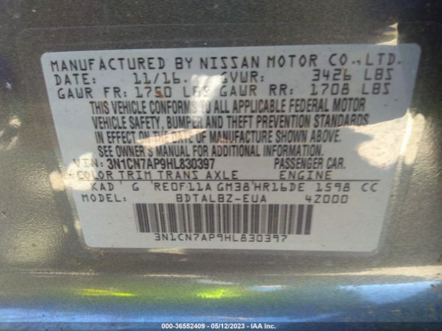 3N1CN7AP9HL830397 Nissan Versa Sedan Sv