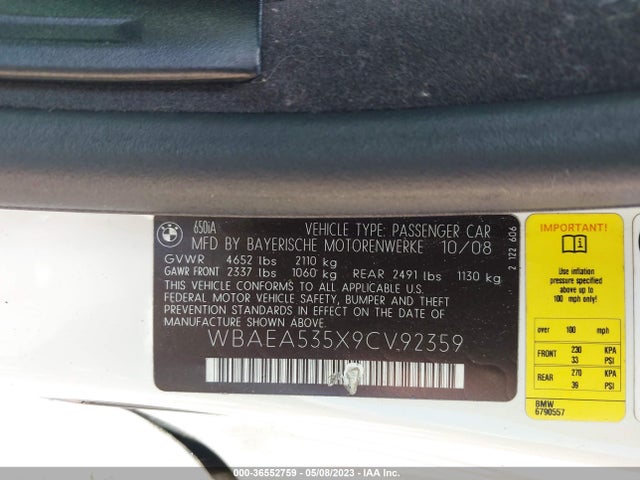 2009 BMW 6 SERIES 650I VIN: WBAEA535X9CV92359
