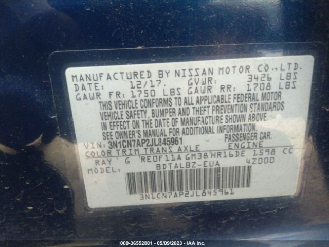 3N1CN7AP2JL845961 Nissan Versa Sedan Sv