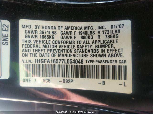 2007 HONDA CIVIC SDN LX VIN: 1HGFA16577L054048