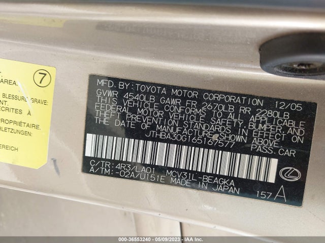 2006 LEXUS ES 330 VIN: JTHBA30G165167577