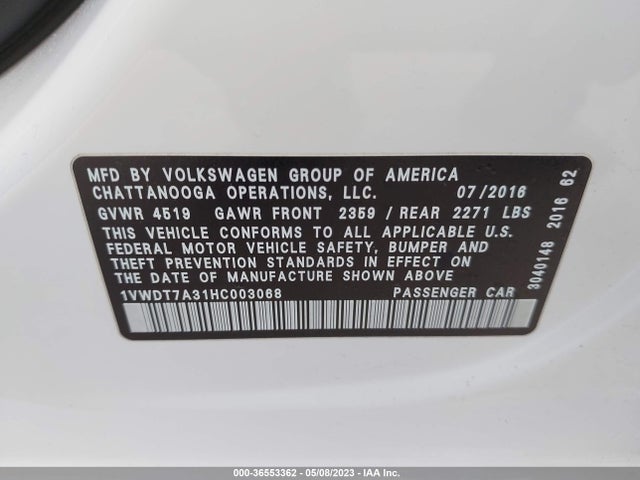 1VWDT7A31HC003068 Volkswagen Passat R-line W/comfort Pkg