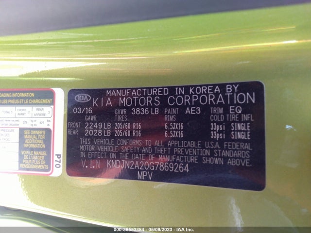 KIA Soul Base 2016 KNDJN2A20G7869264 Image 10
