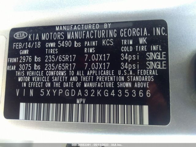 5XYPGDA32KG435366 KIA SORENTO LX