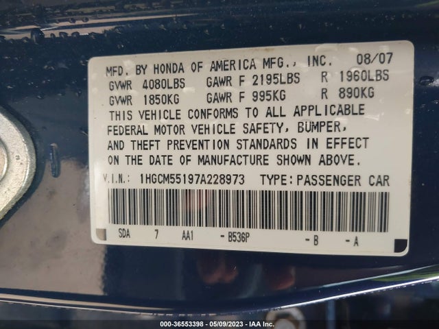 2007 HONDA ACCORD SDN VP VIN: 1HGCM55197A228973