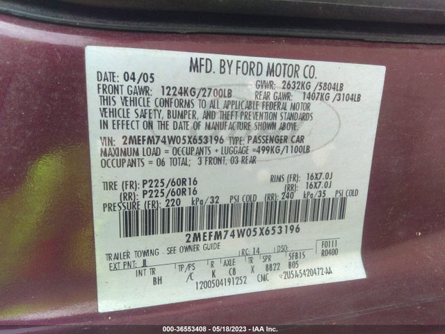 2005 MERCURY GRAND MARQUIS GS VIN: 2MEFM74W05X653196
