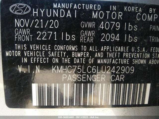 2020 HYUNDAI IONIQ HYBRID SE VIN: KMHC75LC6LU242909