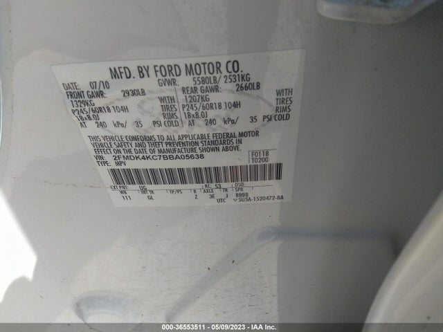 2011 FORD EDGE LIMITED VIN: 2FMDK4KC7BBA05638
