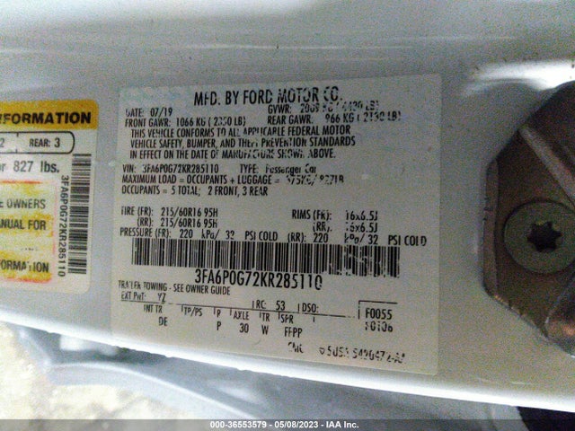 Ford FUSION S 2019 3FA6P0G72KR285110 Image 10
