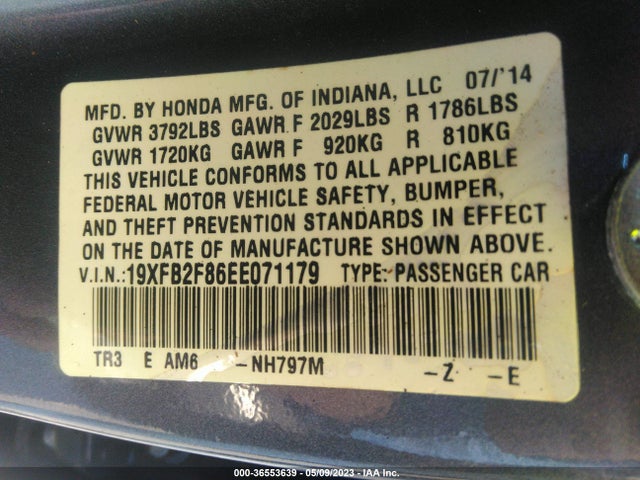 2014 HONDA CIVIC SEDAN EX VIN: 19XFB2F86EE071179