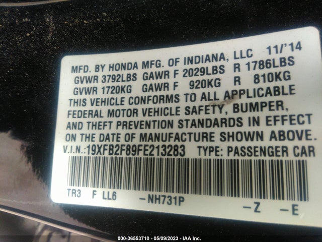 Honda Civic Sedan Ex 2015 19XFB2F89FE213283 Image 9