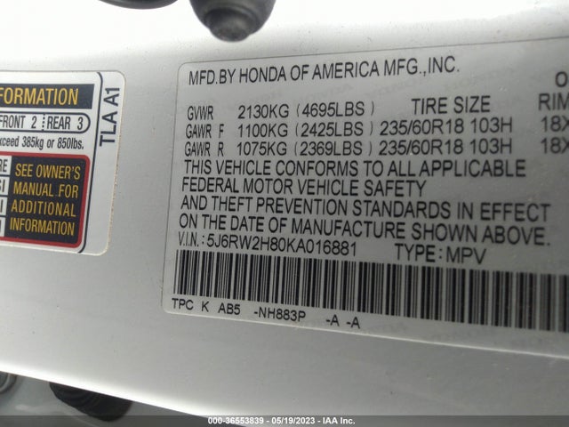 Honda Cr-v Ex-l 2019 5J6RW2H80KA016881 Image 9