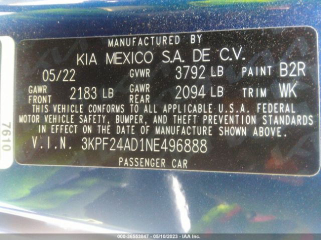 3KPF24AD1NE496888 KIA Forte Lxs