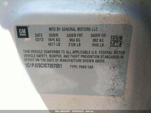 2012 CHEVROLET CRUZE ECO VIN: 1G1PJ5SC3C7267881