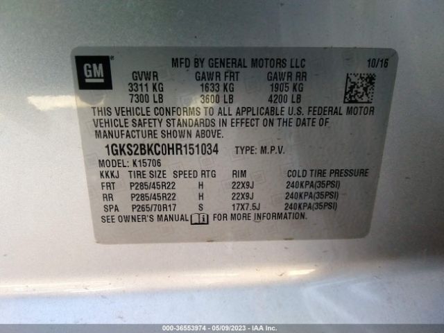 1GKS2BKC0HR151034 GMC YUKON SLT