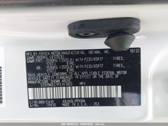 2023 TOYOTA SIENNA XLE VIN: 5TDYRKEC1PS141903