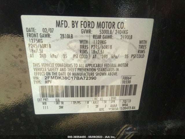 2007 FORD EDGE SEL VIN: 2FMDK38C17BA72390