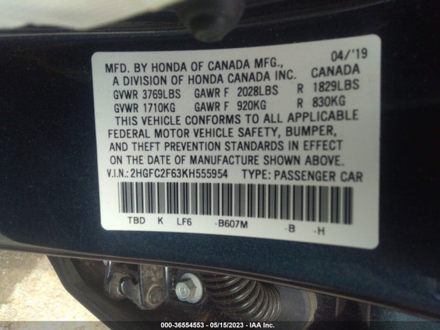 Honda Civic Sedan Lx 2019 2HGFC2F63KH555954 Image 9
