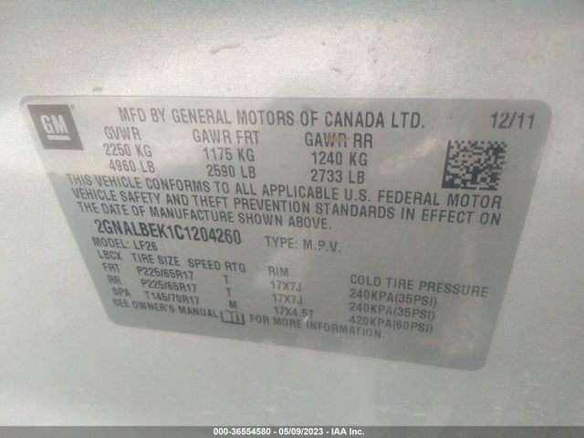 2012 CHEVROLET EQUINOX LS VIN: 2GNALBEK1C1204260