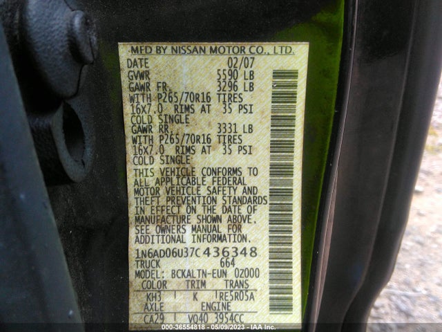 2007 NISSAN FRONTIER SE VIN: 1N6AD06U37C436348