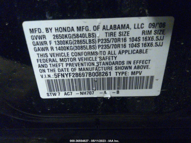 2007 HONDA PILOT EX-L VIN: 5FNYF28697B008261