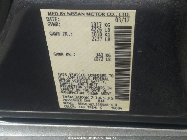1N4AL3APXHC214535 Nissan Altima 2.5 Sv