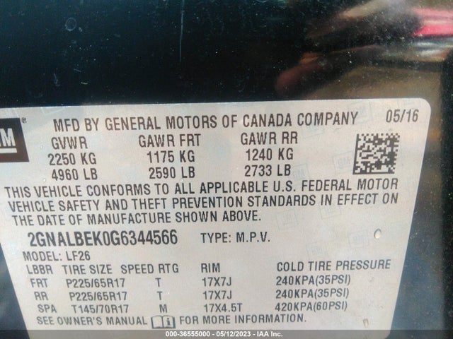 2016 CHEVROLET EQUINOX LS VIN: 2GNALBEK0G6344566