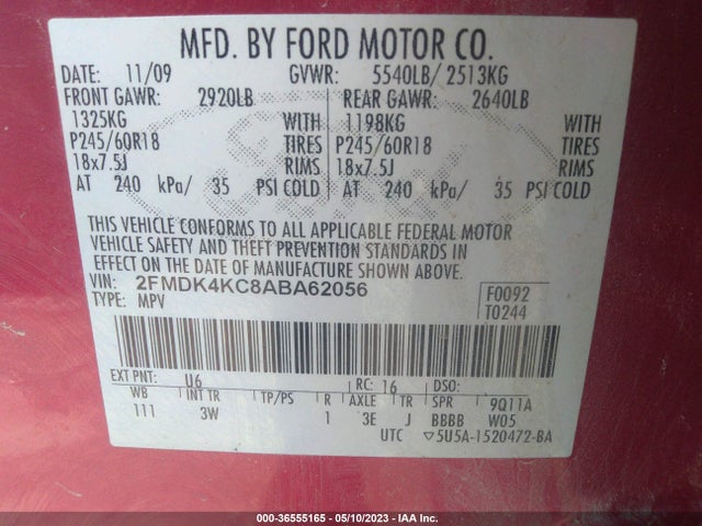 2010 FORD EDGE LIMITED VIN: 2FMDK4KC8ABA62056